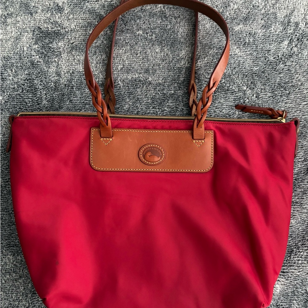 Dooney & Bourke Red Nylon Tote Bag with Brown Accents